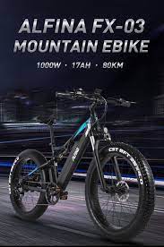 ALFINA FX-03 Plus 1000W up to 50 kph and 90 km range fully electric Mountain/Snow/Beach Ebike 48V 17Ah Lithium Battery with 26 Inch Wheels and 4.0 Fat Boy Tyres