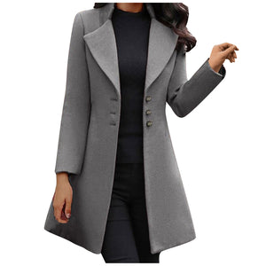 Ladies Long Sleeved Stylish Woolen Flare Coat incorporating a Wide Lapel Manadarin Collar