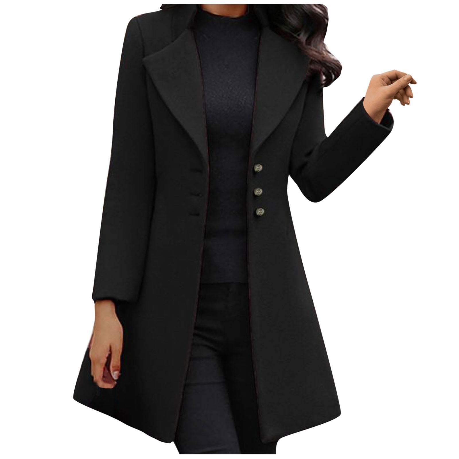 Ladies Long Sleeved Stylish Woolen Flare Coat incorporating a Wide Lapel Manadarin Collar