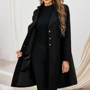 Ladies Long Sleeved Stylish Woolen Flare Coat incorporating a Wide Lapel Manadarin Collar