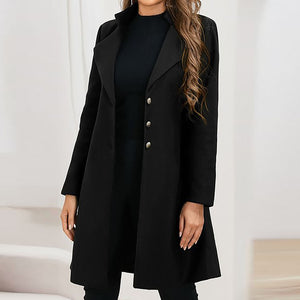 Ladies Long Sleeved Stylish Woolen Flare Coat incorporating a Wide Lapel Manadarin Collar