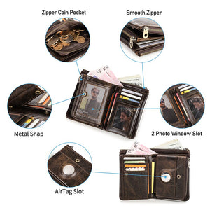 CRAZY HORSE Crackle Oil Genuine Leather Short Bifold Stylish Wallet High Quality Genuine Leather Wallet For Travel Documents/Credit Cards/Driver's Licence/Money