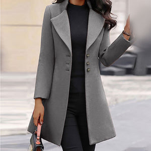 Ladies Long Sleeved Stylish Woolen Flare Coat incorporating a Wide Lapel Manadarin Collar