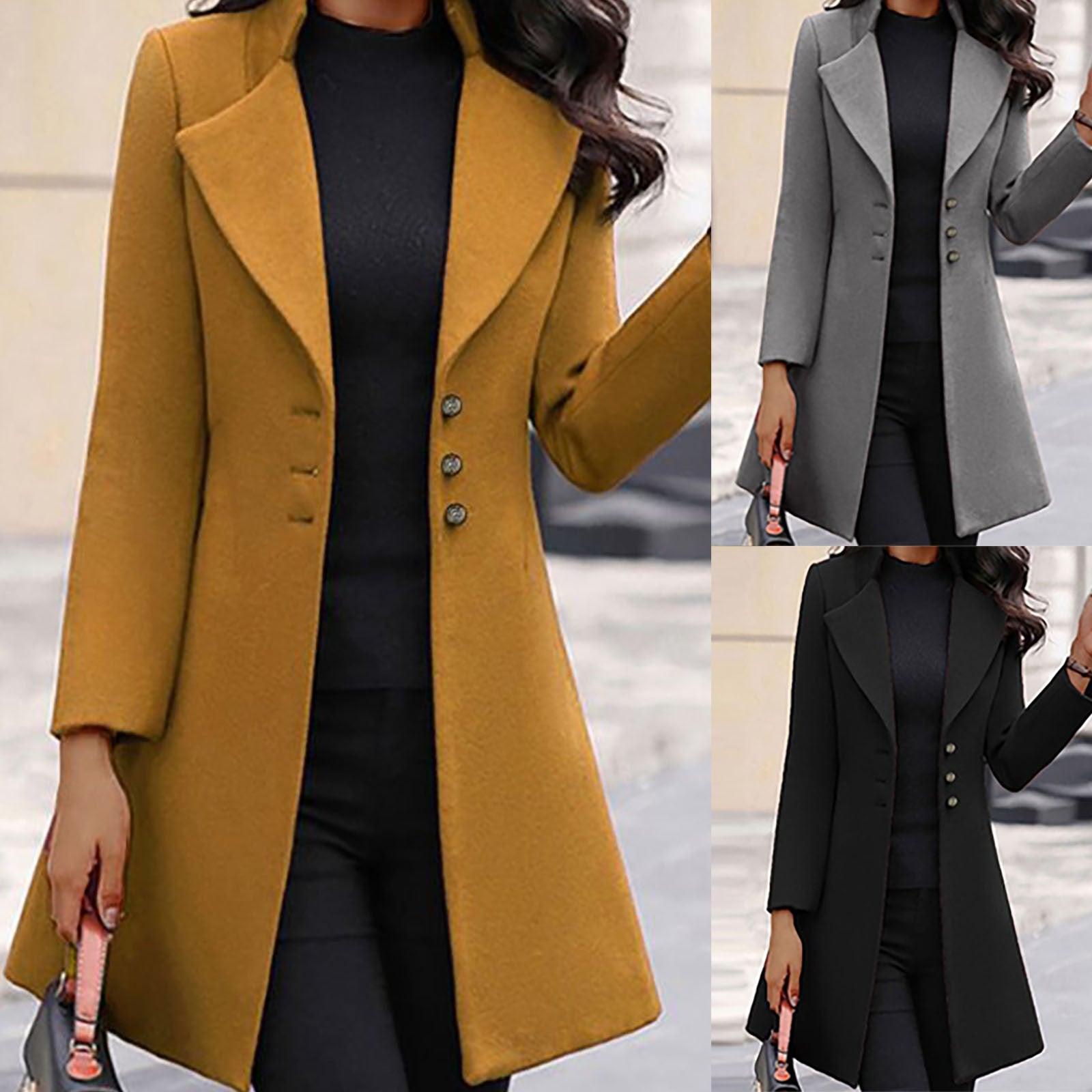 Ladies Long Sleeved Stylish Woolen Flare Coat incorporating a Wide Lapel Manadarin Collar