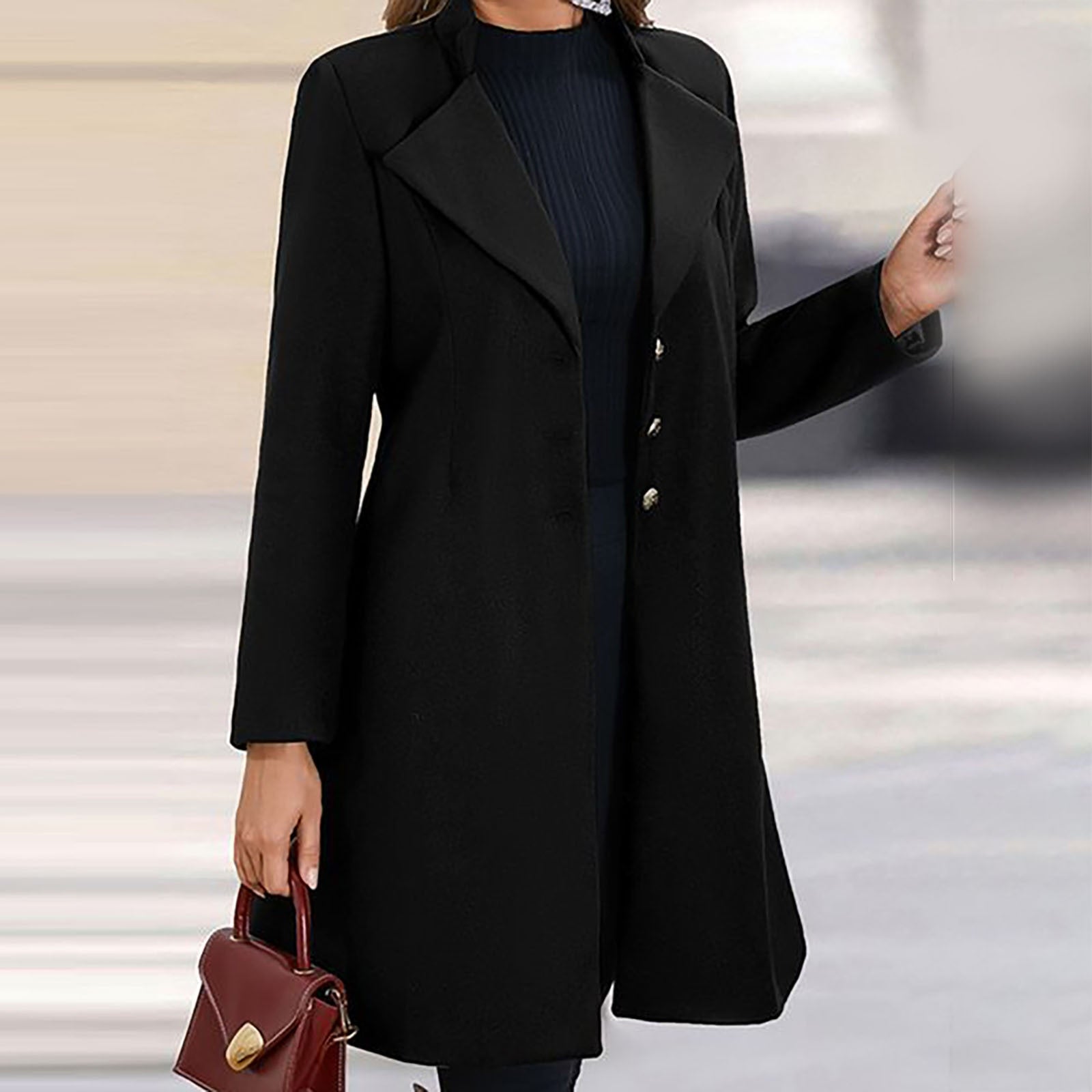 Ladies Long Sleeved Stylish Woolen Flare Coat incorporating a Wide Lapel Manadarin Collar