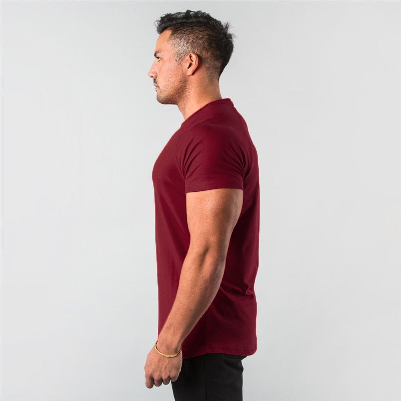 New Stylish Plain Tops Fitness Mens T Shirt Short Sleeve Muscle Joggers Bodybuilding Tshirt Male Gym Clothes Slim Fit Tee Shirt