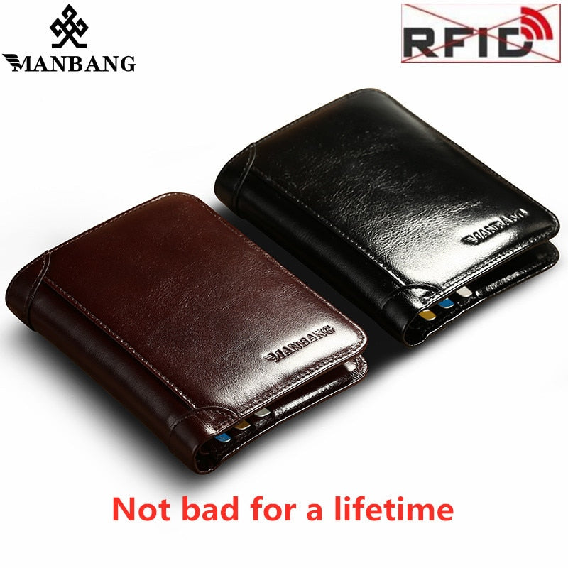 ManBang High Quality Classic American/European Style Wallet  High Quality Genuine Leather Mens Wallet RFID Blocking For Passport/Credit Cards/Slim Cell Phone/Driver's Licence/Money