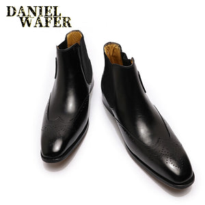 Daniel Wafer Luxury Men's Chelsea Boots Genuine High Grade Leather Slip On Wingtip Boots  with  Decorative Buckle Strap and Non-Slip Composite Sole. Available in in Brown or Black