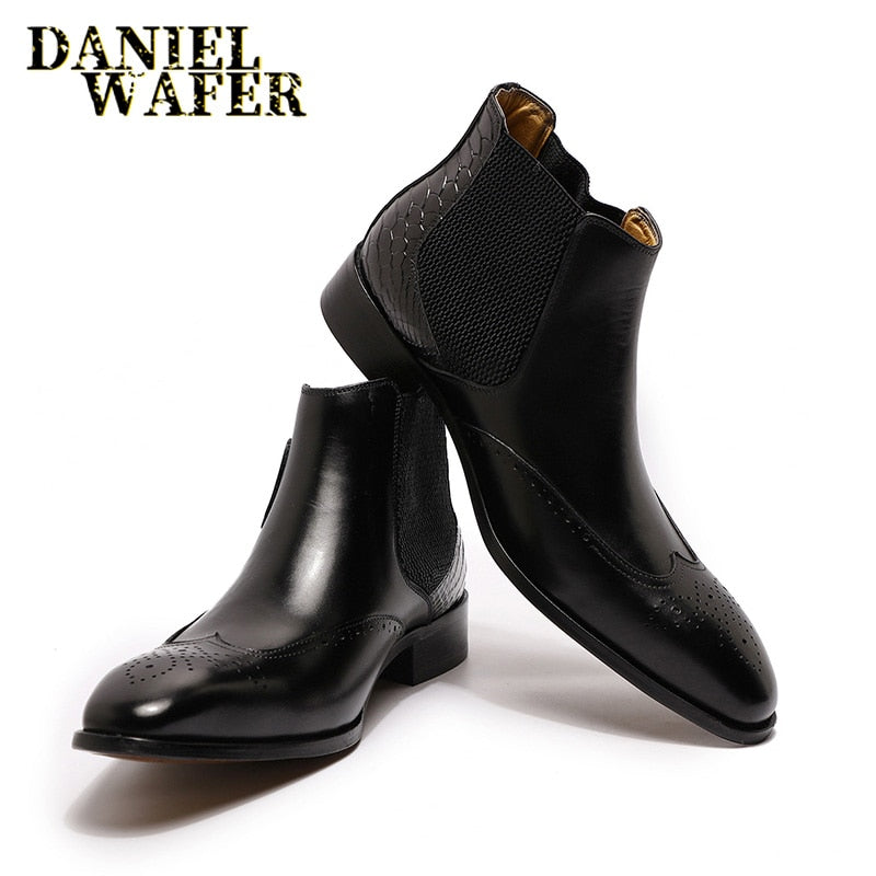 Daniel Wafer Luxury Men's Chelsea Boots Genuine High Grade Leather Slip On Wingtip Boots  with  Decorative Buckle Strap and Non-Slip Composite Sole. Available in in Brown or Black