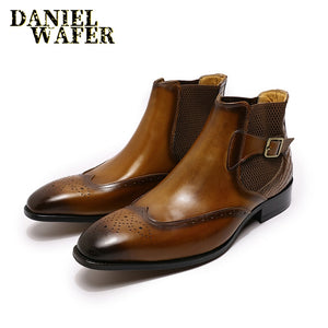 Daniel Wafer Luxury Men's Chelsea Boots Genuine High Grade Leather Slip On Wingtip Boots  with  Decorative Buckle Strap and Non-Slip Composite Sole. Available in in Brown or Black