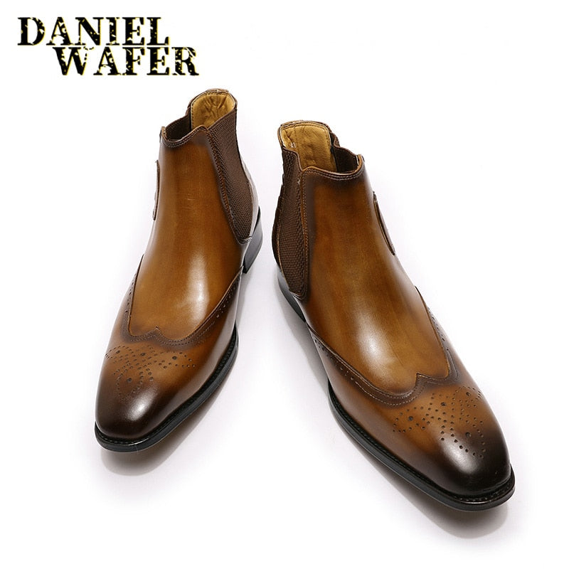 Daniel Wafer Luxury Men's Chelsea Boots Genuine High Grade Leather Slip On Wingtip Boots  with  Decorative Buckle Strap and Non-Slip Composite Sole. Available in in Brown or Black