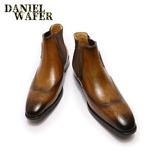 Daniel Wafer Luxury Men's Chelsea Boots Genuine High Grade Leather Slip On Wingtip Boots  with  Decorative Buckle Strap and Non-Slip Composite Sole. Available in in Brown or Black