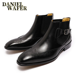 Daniel Wafer Luxury Men's Chelsea Boots Genuine High Grade Leather Slip On Wingtip Boots  with  Decorative Buckle Strap and Non-Slip Composite Sole. Available in in Brown or Black