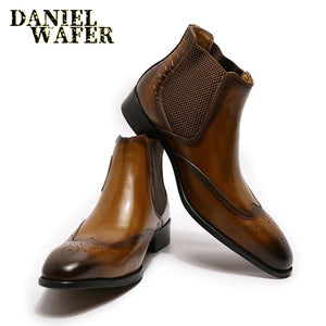 Daniel Wafer Luxury Men's Chelsea Boots Genuine High Grade Leather Slip On Wingtip Boots  with  Decorative Buckle Strap and Non-Slip Composite Sole. Available in in Brown or Black