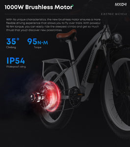 Notting Hill MX-04 "London Moped" Electric E-Bike 1000W Motor with 48V Lithium Battery Road/Mountain/Snow/Beach Ebike Electric Bicycle with 26" Wheels and 4.0 Fat Tyrese e bike e mountain bike