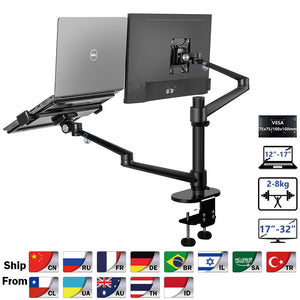 OL-3L Aluminum Height Adjustable Desktop Dual Arm 17-32 inch Monitor Holder+12-17 inch Laptop Holder Stand Full Motion Mount Arm