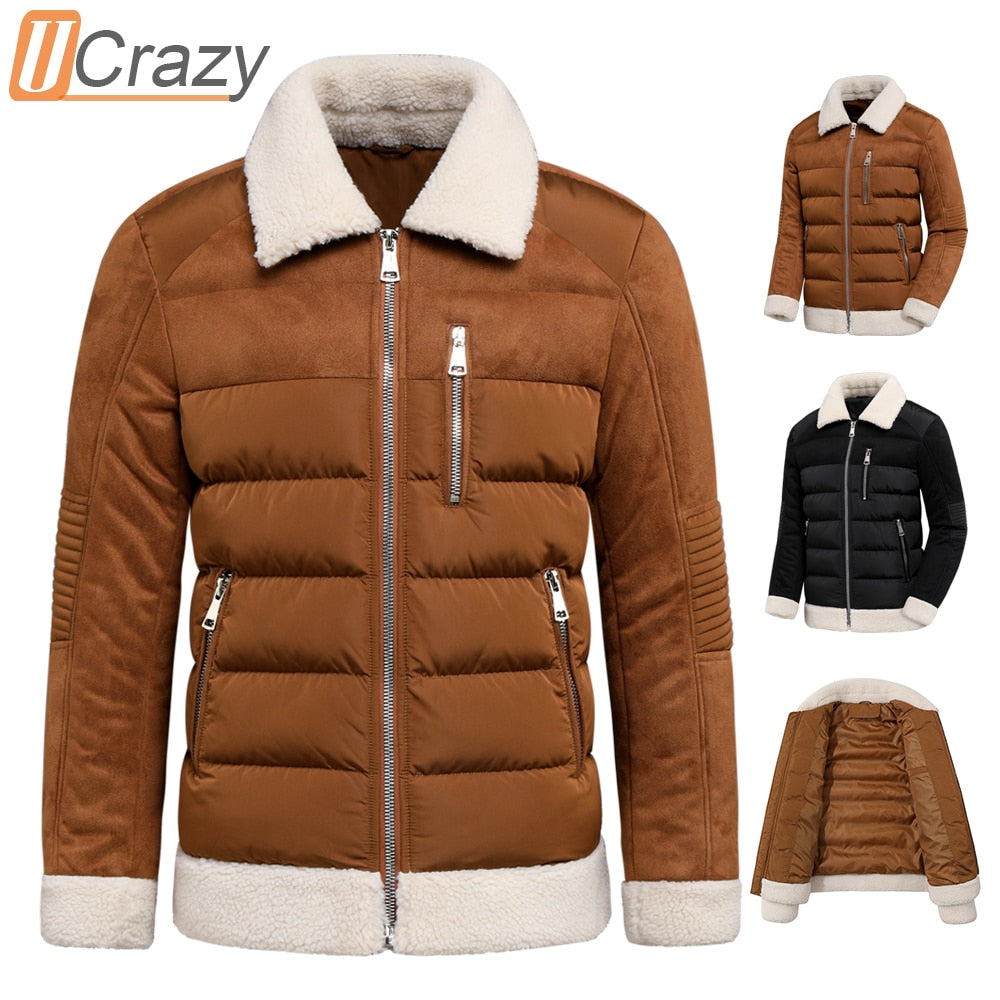 Men Winter Vintage Casual Suede Fleece Collar Warm Thick Parkas Jacket Coat Men Outwear Fahsion Pockets Classic Parka Male Plus