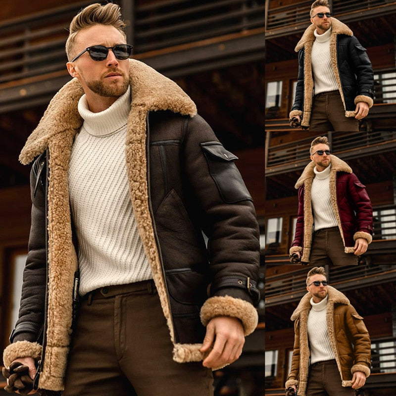 Mens Fashion Bomber Jacket Shearling Effect Fully Lined Long Sleeve Vintage Style