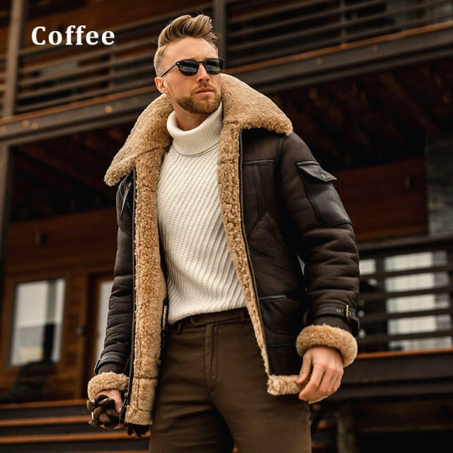 Mens Fashion Bomber Jacket Shearling Effect Fully Lined Long Sleeve Vintage Style