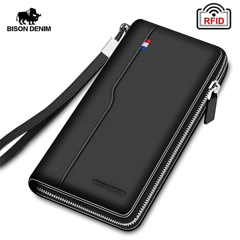 BISON High Quality Genuine Leather Mens Wallet RFID Blocking For Passport/Credit Cards/Cell Phone/Driver's Licence/Money