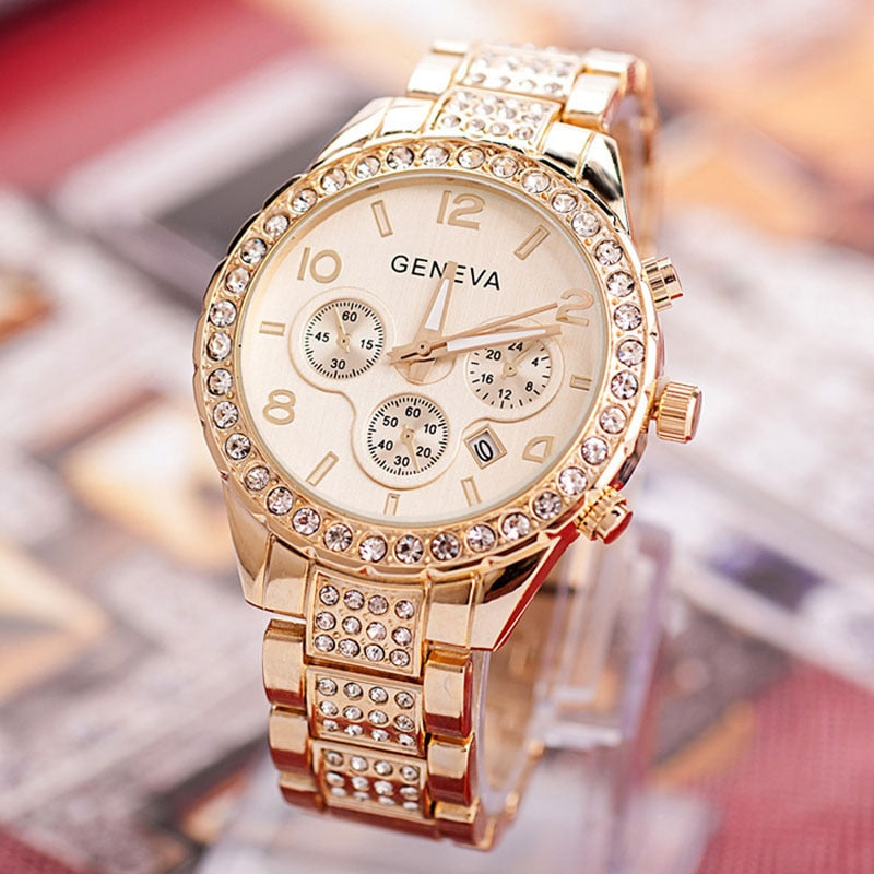 New For 2024 an exquisite Stainless Steel Ladies Fashion Watch by RUNERR encrusted with Rhinestones and featuring a Precision Quartz Movement and Stainless Steel Rhinestone encrusted Wrist Band