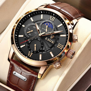 LIGE High Quality Man's Watch from a Designer Brand. A Classic Wrist Watch with  a precision Quartz Movement and Genuine Leather Strap. This Watch is Waterproof to 3 ATM