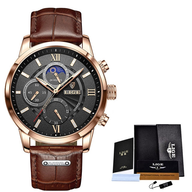 LIGE High Quality Man's Watch from a Designer Brand. A Classic Wrist Watch with  a precision Quartz Movement and Genuine Leather Strap. This Watch is Waterproof to 3 ATM