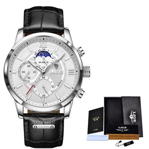 LIGE High Quality Man's Watch from a Designer Brand. A Classic Wrist Watch with  a precision Quartz Movement and Genuine Leather Strap. This Watch is Waterproof to 3 ATM