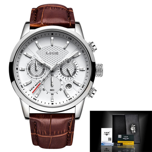 LIGE High Quality Man's Watch from a Designer Brand. A Classic Wrist Watch with  a precision Quartz Movement and Genuine Leather Strap. This Watch is Waterproof to 3 ATM