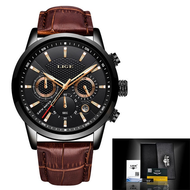 LIGE High Quality Man's Watch from a Designer Brand. A Classic Wrist Watch with  a precision Quartz Movement and Genuine Leather Strap. This Watch is Waterproof to 3 ATM