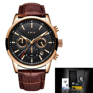 LIGE High Quality Man's Watch from a Designer Brand. A Classic Wrist Watch with  a precision Quartz Movement and Genuine Leather Strap. This Watch is Waterproof to 3 ATM