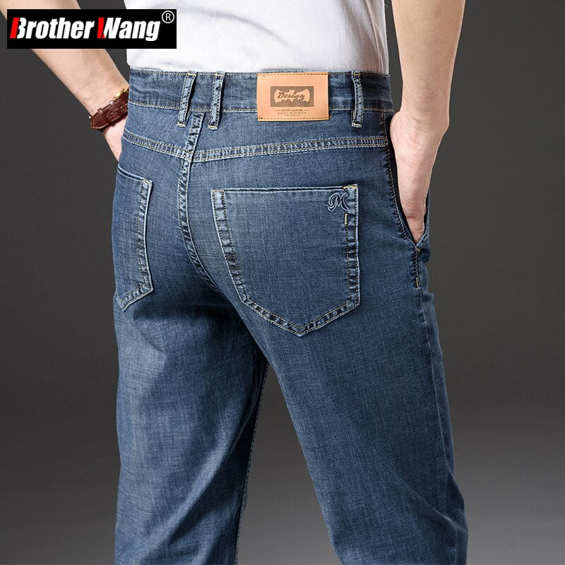 Classic Style 3 Colours Mens Thin Straight Leg Jeans Spring and Summer New Business Fashion Tencel Fabric Denim Pants Male Brand