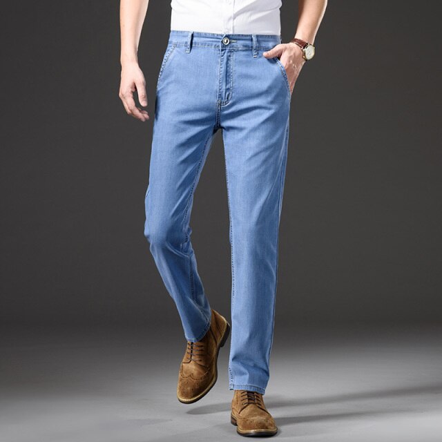 Classic Style 3 Colours Mens Thin Straight Leg Jeans Spring and Summer New Business Fashion Tencel Fabric Denim Pants Male Brand