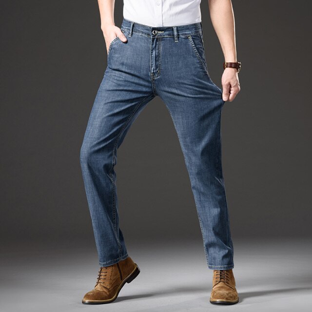 Classic Style 3 Colours Mens Thin Straight Leg Jeans Spring and Summer New Business Fashion Tencel Fabric Denim Pants Male Brand