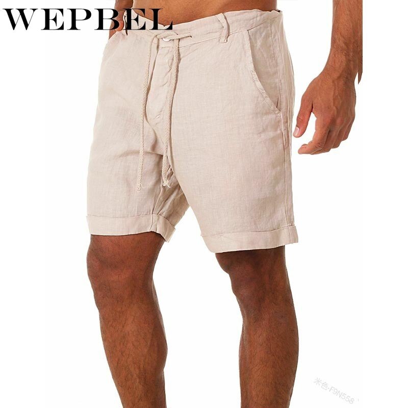 WEPBEL Men Summer Casual Short Pants Solid Color Drawstring Elastic Waist Comfy Cotton Linen Shorts New Fashion