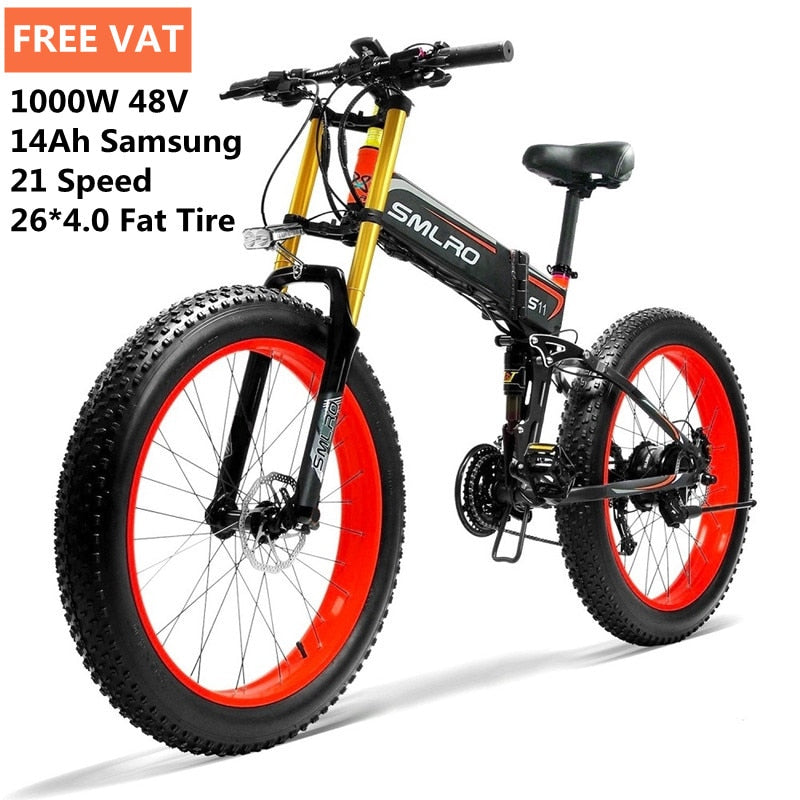 FREE VAT 48V 1000W 14Ah Samsung Lithium Battery Electric Bicycle 26 Inch 4.0 Fat Tire Folding Snow Bike Mountain Ebike 21 Speed